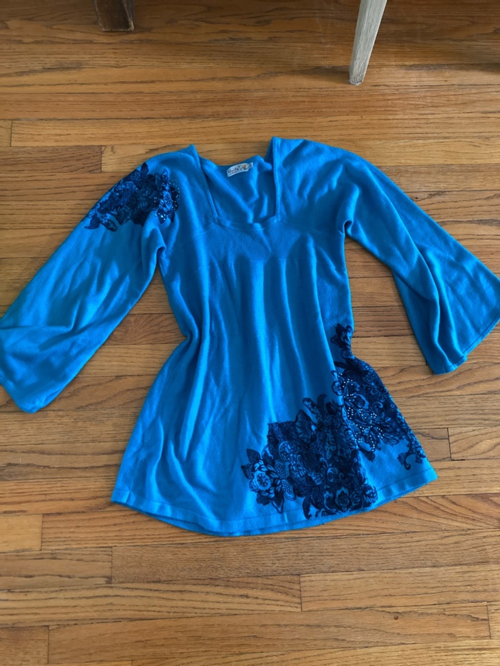 Bright Blue V-Neck sweater dress with Navy Floral Embellishment